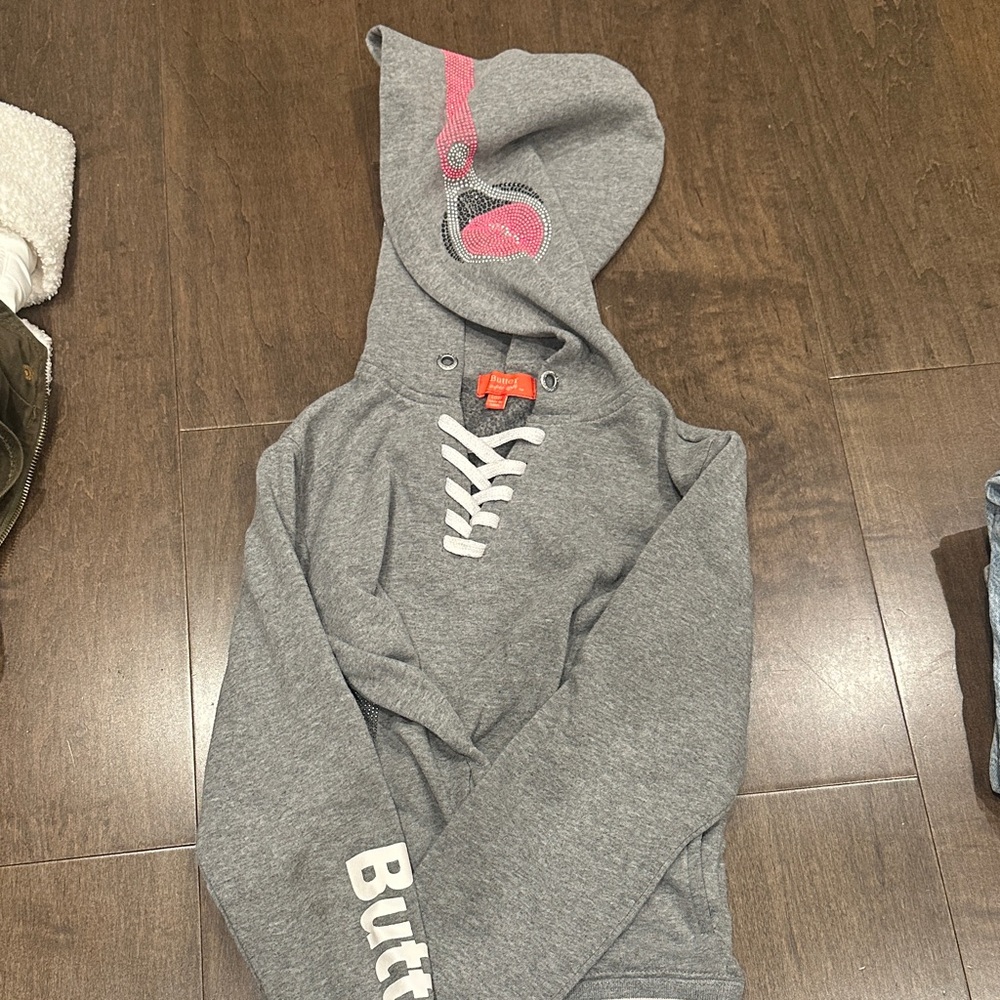 Butter Gray Hoodie with Pink Accents